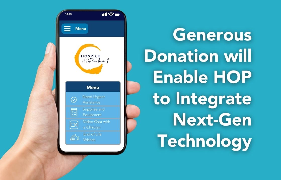 A hand holds a mobile phone with a TapCloud menu shown, a next generation hospice technology