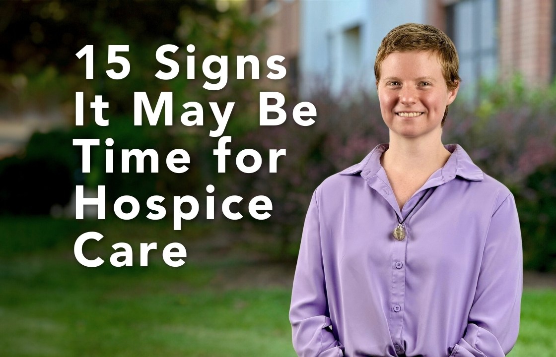 Dr. Kell Mitchell wears a light purple shirt beside text reading, "15 Signs It May be Time for Hospice Care"