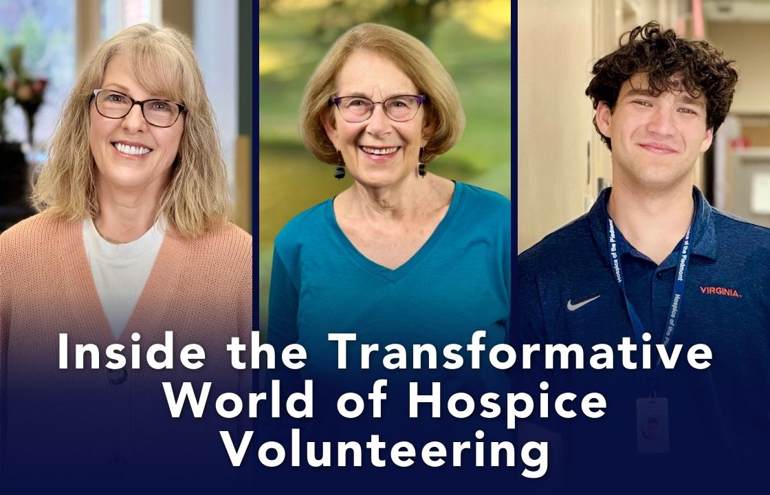 Three individuals smiling at the camera, from left to right: a person with blonde hair wearing a pink sweater, a person with grey hair wearing a blue top, and a young person with curly hair wearing a blue 'Virginia' uniform. Text overlay reads 'Inside the Transformative World of Hospice Volunteering.'