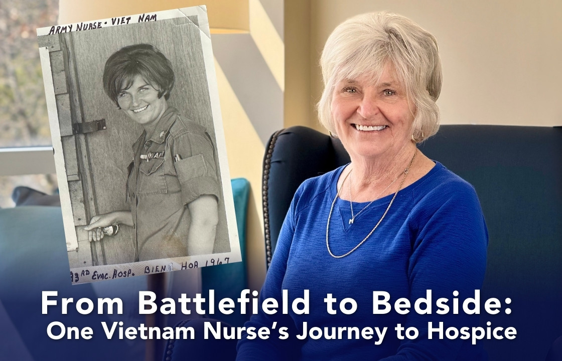 Image split into two sections: On the left, a historical black and white photo of an individual in an Army nurse uniform from 1967 in Bien Hoa, labeled 'Army Nurse - Viet Nam'. On the right, a current-day photo of the same individual smiling, seated in a blue chair, wearing a blue top. A title, "From The Battlefield to The Bedside: One Vietnam Nurse’s Journey To Hospice" is superimposed at the bottom
